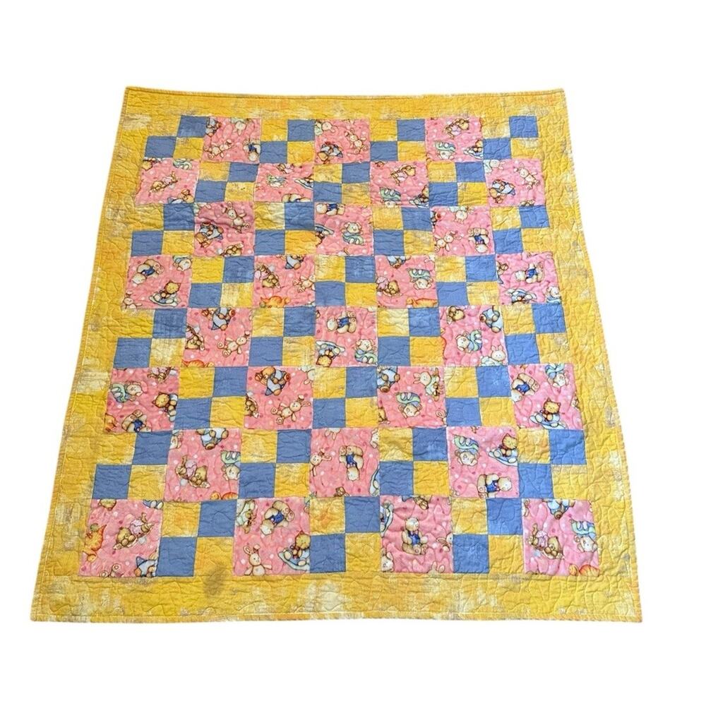 Handmade Patchwork Baby Quilt Teddy Bear Print Crib Nursery Blanket